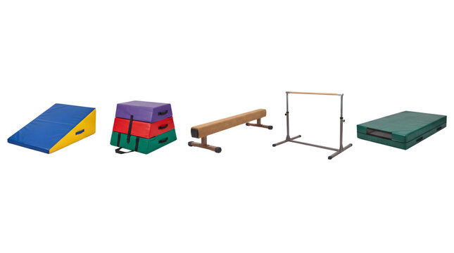 Gymnastics equipment set, colorful foam mats and balance beam, professional training gear for gym and school sports