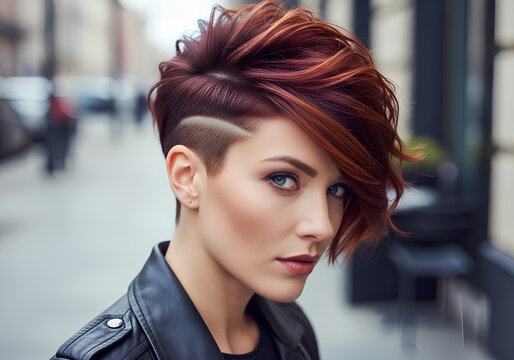 Stylish woman with short red hair and undercut posing outdoors