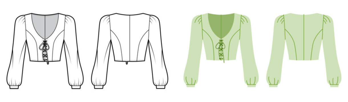 Cropped V neck blouse technical fashion illustration with long puff sleeves and lace up front detail. Clean line drawing showing fitted waist and structured back seams with smooth construction lines.