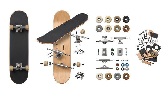 Skateboard parts collection on white background. Wooden deck, metal trucks, and wheels set. Exploded view of skating equipment components.