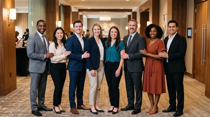 Fototapeta premium Diverse group of professionals in business attire posing together in a modern conference setting