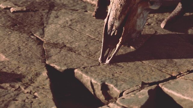 An animal skull is placed on a cracked stone surface with some yellow lichen. The setting appears unrefined and natural. Sunlight casts shadows on the rocks, creating contrast.