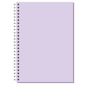 Lavender A4 portrait spiral page has black side coils, blank rectangular sheet, clean surface, and gray offset shadow. Useful for sketching, classwork, project planning, or editable layouts