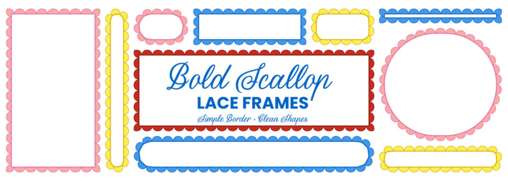 Bold scallop lace border frame set in red, blue, yellow plus pink tones forms rectangle, oval, circle and pill shapes as clean modern trim isolated on white background for craft stationery.