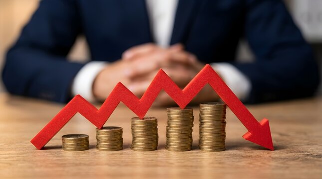 Red Downward Arrow Crashing Over Stacks of Golden Coins Symbolizing Financial Crisis and Economic Loss