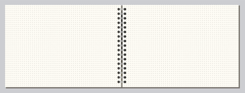 Ivory cross grid notebook page shows fine crosshatched squares, side wire binding, and wide landscape format on white background. Suitable for schoolwork, planning, stationery layouts, notes and