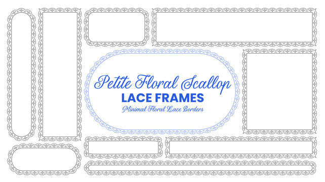 Black line petite floral scallop lace borders frame capsule, rectangle, square plus strip shapes beside blue title text isolated on white as minimal eyelet sheet for invitations or scrapbook crafts.