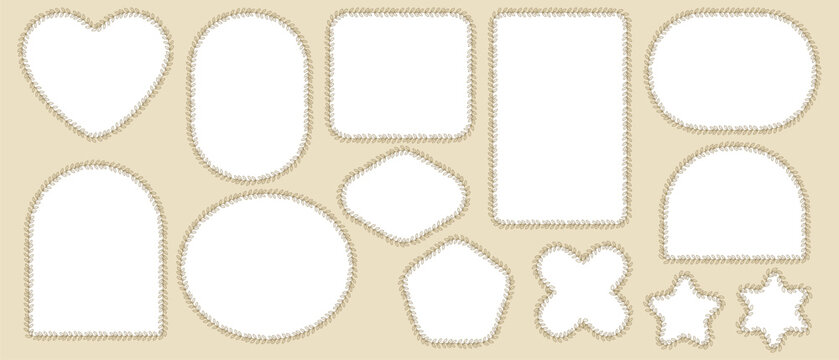Cream laurel vine borders form heart, arch, oval, quatrefoil plus diamond frames on beige as minimal botanical wedding trim isolated for invitation labels, tags or greeting card layout designs.