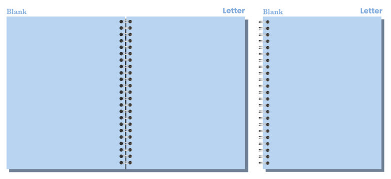 Set of blue blank Letter spiral pages has black side and center coils, clean rectangular sheets, and gray shadows. Useful for notes, school planning, office layouts, or printable documents