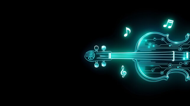 Neon violin of circuit lines with floating music notes on dark backdrop, futuristic audio concept for music app, software and orchestra event poster design,music party concert event