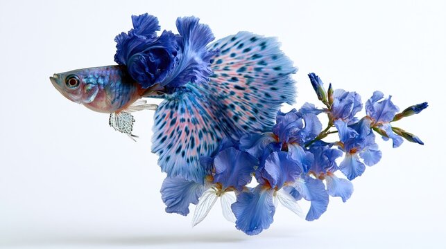 Surreal betta fish swimming with flowing tail of blue iris flower petals on white background, imaginative aquatic botanical mashup decorative nature hybrid