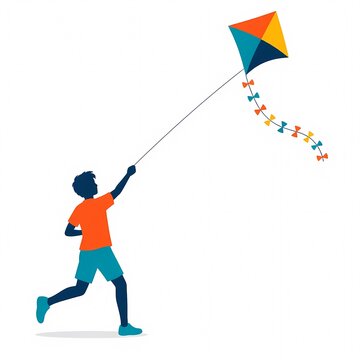 Flat vector illustration of a faceless boy silhouette running and flying a colorful kite