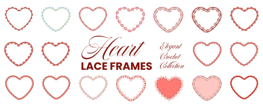 Heart lace frame set in red, pink, blue with scalloped crochet borders, floral eyelets, leafy vine trims on white background for valentine cards, wedding invitations, printable craft labels.