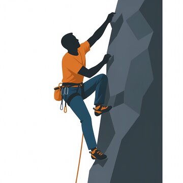 Flat vector illustration of a faceless male silhouette rock climbing on a steep mountain cliff.