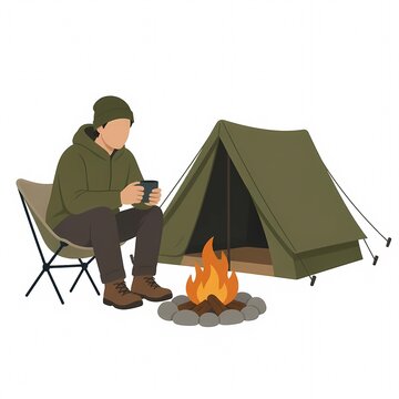 Flat vector illustration of a faceless man camping by a campfire with a tent on white background