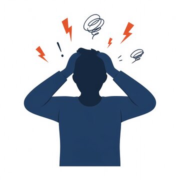 Flat vector illustration of a stressed faceless silhouette figure with symbols of mental pressure.
