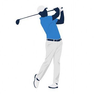 Flat vector silhouette illustration of male golfer swinging club isolated on white background