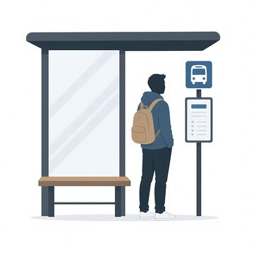 Minimalist flat vector of a faceless man with a backpack waiting at a public bus stop station.