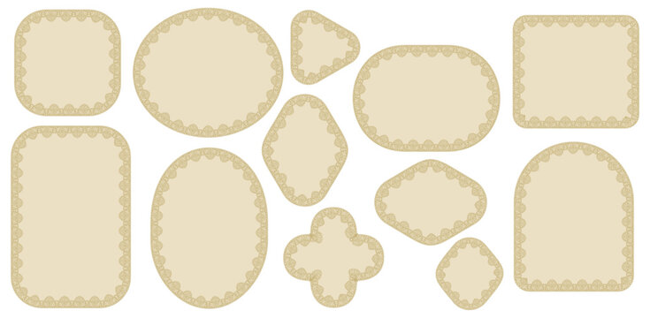 Tan floral crochet borders shape oval, arch, quatrefoil, diamond, rectangle plus rounded square frames on clean ground as vintage trim for wedding invitation labels or elegant craft stationery.
