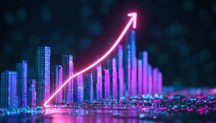 Fototapeta premium Neon upward financial chart with glowing pink arrow