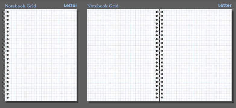 Pairwise notebook sheets shows silver side coils, white blue grid surface, neat perimeter, soft shadow, grey backdrop. For printable stationery, education, office writing, notes, planning