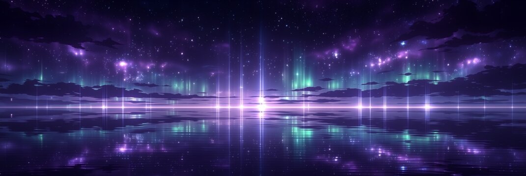 Stunning aurora borealis over calm water and starry night sky, vibrant purple teal light beams, ideal for K-pop travel, meditation, fantasy and inspirational design