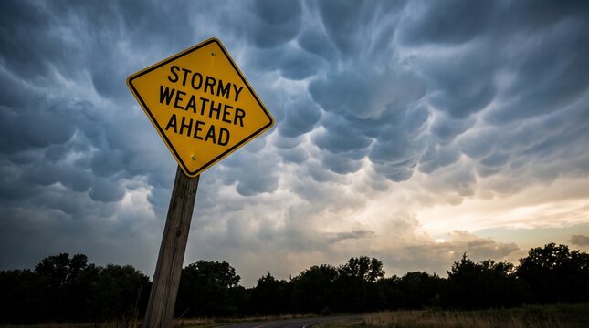 Stormy weather ahead warning sign against a dramatic sky with mammatus clouds for business risk and challenge concepts