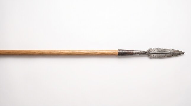 Historical metal spear with wooden shaft on white background for commercial use