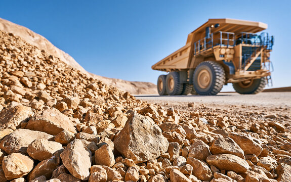 Large pile of crushed stones with dump truck at construction site