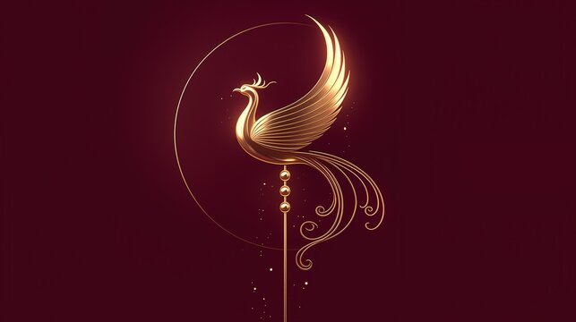 Elegant golden phoenix line art on deep burgundy, mythical firebird crest on ornamental hairpin, ideal for mythology book covers and mystical posters