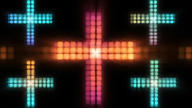 Glowing cross shapes composed of luminous digital pixels create abstract motion animation suitable for modern nightclub or stage concert background footage