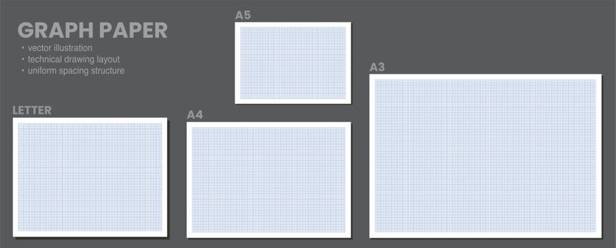 Set of four blue grid graph templates labeled Letter, A5, A4 and A3 arranged on dark grey backdrop. Useful for printable technical catalogs, office drafting kits or school worksheet size guides