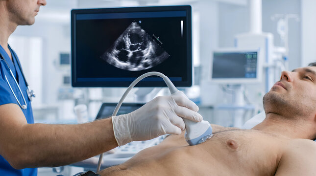 Cardiologist performing color doppler echocardiogram ultrasound scan on patient