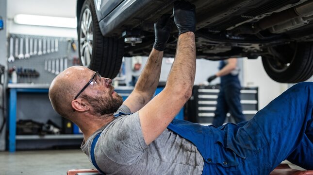 Professional automotive mechanic working under a lifted car in a modern repair shop