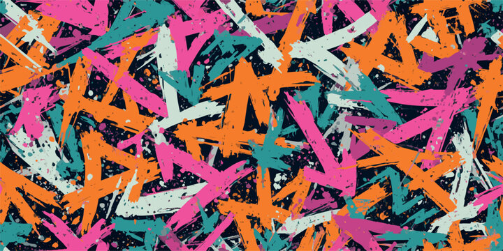 Modern urban graffiti seamless pattern with colorful vector brushstroke arrows and paint splashes