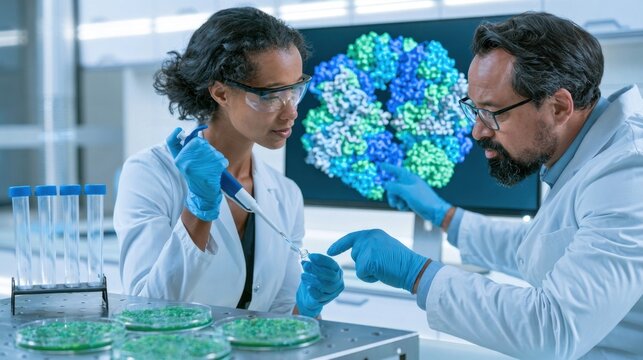 Scientists in lab coats examining petri dishes with a large colorful molecular model displayed on a monitor in a bright laboratory