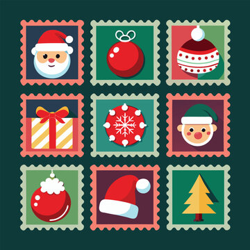Vintage Christmas Postage Stamp Collection, Retro Holiday Greeting Cards and Festive Winter Vector Set