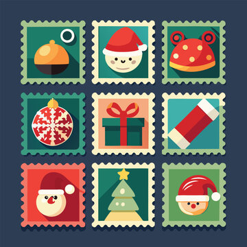 Vintage Christmas Postage Stamp Collection, Retro Holiday Greeting Cards and Festive Winter Vector Set