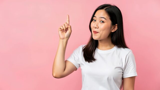 Aha Moment: An Asian woman with an excited expression points her index finger upwards, signaling a moment of realization or a brilliant idea.