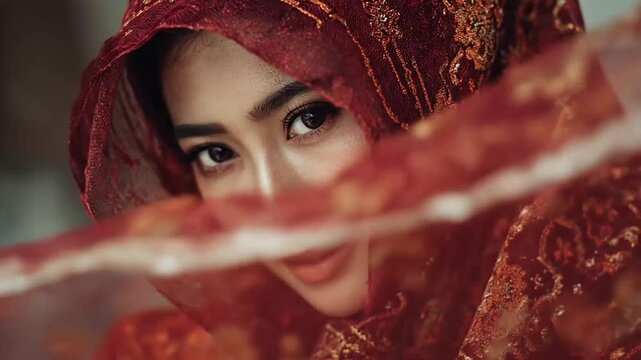 Portrait of woman in red gold traditional headscarf