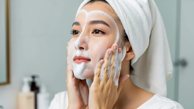 Skincare Ritual: A young woman with a towel wrapped around her head applies facial foam to her face, engaging in a refreshing skincare routine.