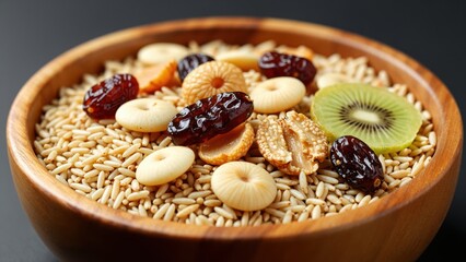 Fototapeta premium Healthy Snack Bowl with Mixed Dried Fruits and Seeds in a Wooden Container, Natural and Nutritious Food Presentation for Wellbeing