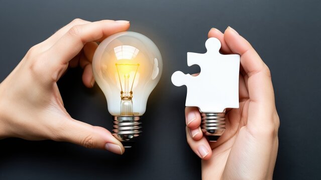 Hands holding a lightbulb and a puzzle piece representing innovation, ideas, and problem solving in a creative, conceptual, and business context