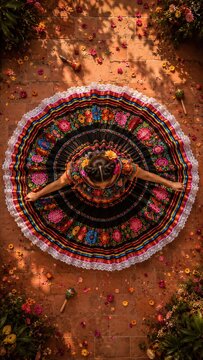 Top view of woman dancer in colorful traditional Mexican folklorico dress spinning outdoors. Hispanic heritage celebration and cultural pride concept. National hispanic heritage month festival