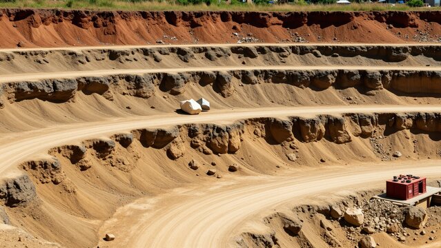 Open-pit mining site with terraced benches, rocky terrain, and vehicles in a mountainous landscape showcasing mineral extraction processes