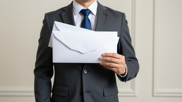 Business professional in formal suit holding an envelope, office setting, corporate attire, communication, professional, legal document, business environment, modern, confident, ex