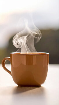 Warm steaming beverage in brown ceramic cup, soft morning light creating calm atmosphere and comfort