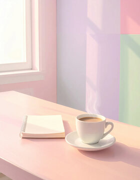 Pastel interior, coffee cup, notebook, sunlight, and shadow create calm workspace scene beside window with soft pink and lavender walls