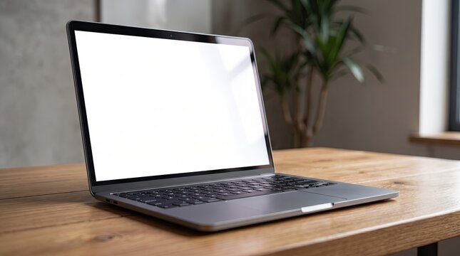A modern laptop with a blank white screen sits on a natural wooden desk in a bright minimalist home office environment featuring soft daylight and a green indoor plant in the background