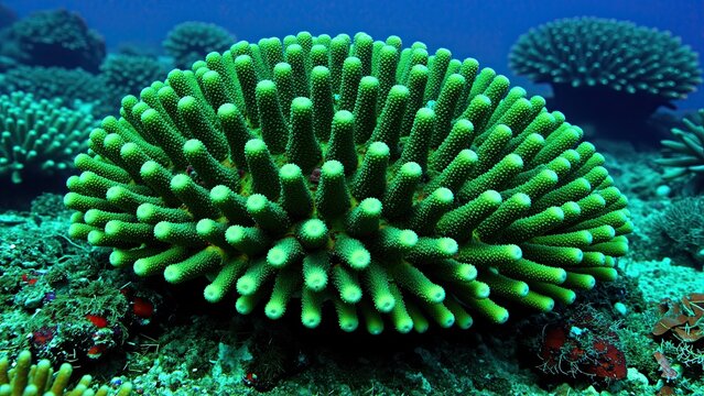Close-up of a vibrant green coral underwater with other corals in the background, showcasing marine biodiversity and natural ocean habitat